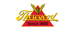 Thorogood logo with yellow script on a red triangle, winged emblem above,