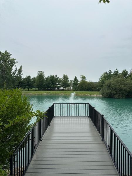 Wooden dock with black railing extends into teal water, trees in the background under a cloudy sky.