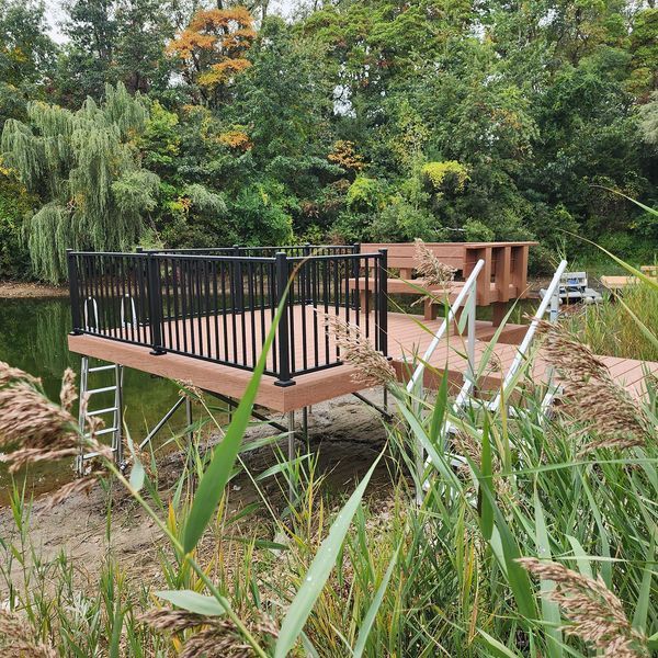 Dock with black railing over water, surrounded by reeds and trees. Brown deck, white ladders.