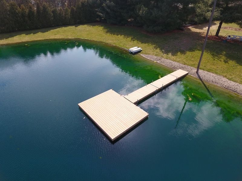 Wooden dock extending into a dark green pond with grassy bank and trees in background.