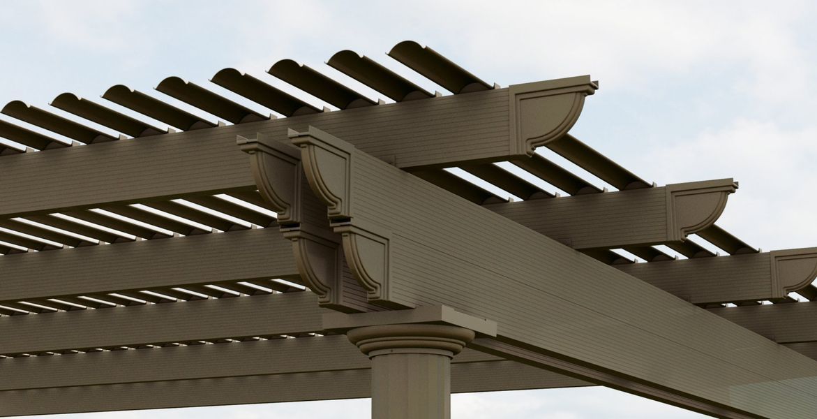 Beige pergola with slatted roof, supported by a column, against a cloudy sky.