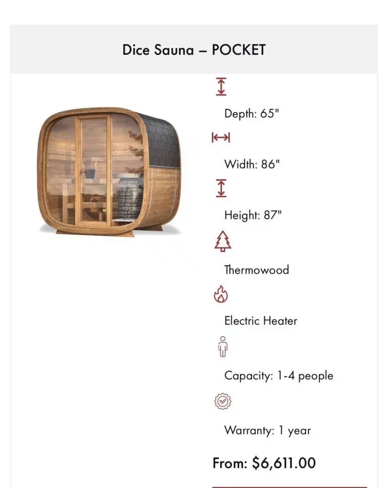 Dice Sauna - POCKET. Outdoor sauna with dimensions, capacity, features, and price listed.