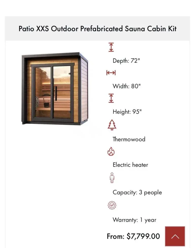Outdoor sauna kit with dimensions, features, and price.