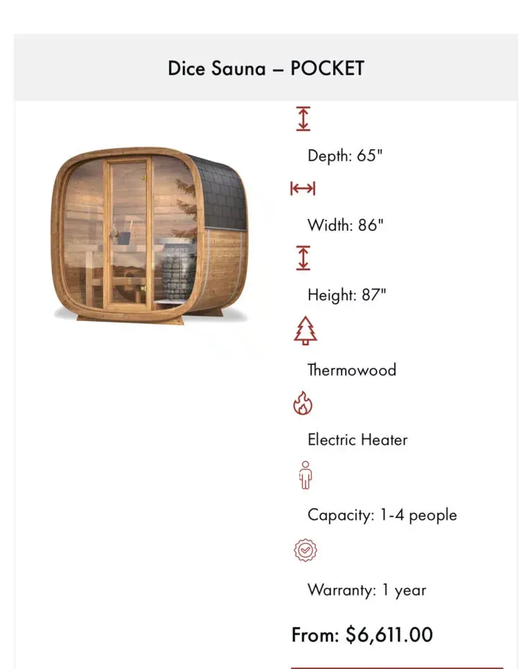 Dice Sauna Pocket with dimensions, features, and price: $6,611.