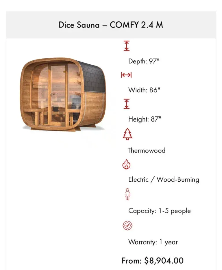 Dice Sauna, wooden structure with dimensions, capacity 1-5 people, electric/wood-burning, costs $8,904, and has a 1-year warranty.