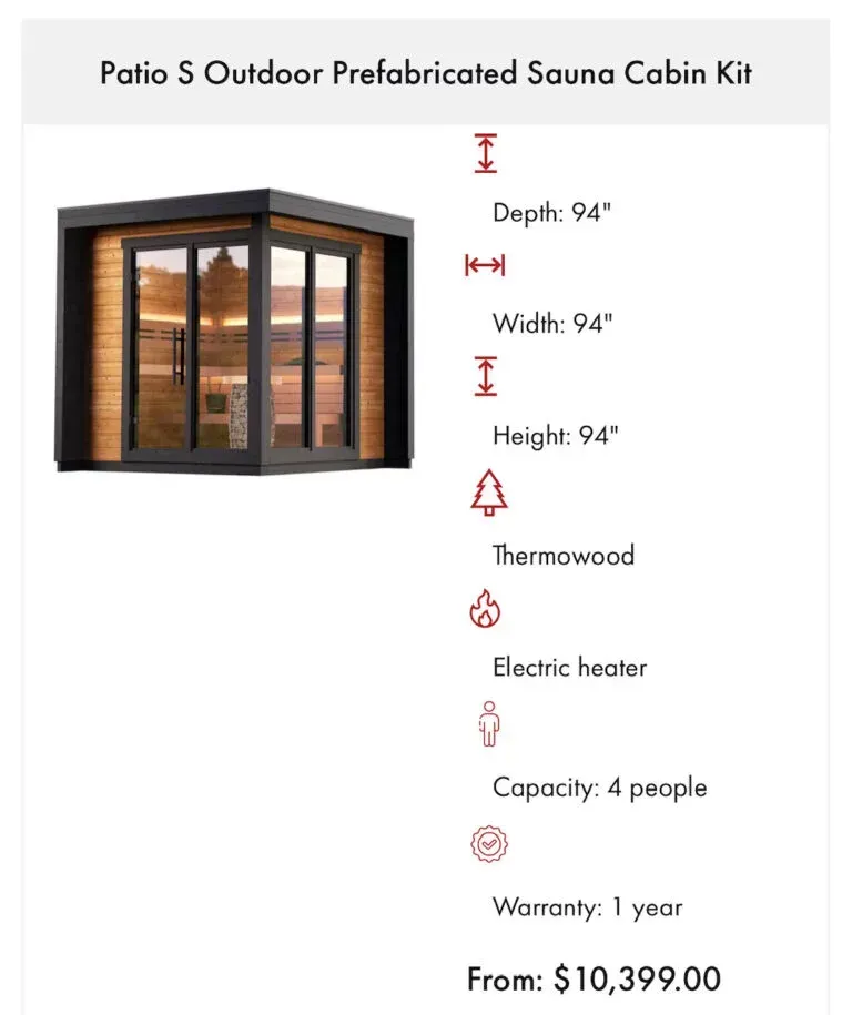 Patio S outdoor prefabricated sauna cabin kit with dimensions and features listed. Black and wood-paneled exterior.
