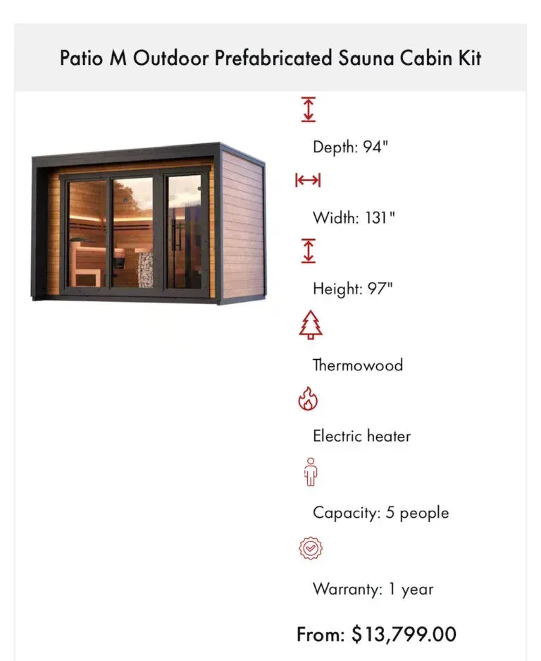 Patio M outdoor prefabricated sauna kit with dimensions, features, capacity (5), warranty, and price ($13,799).