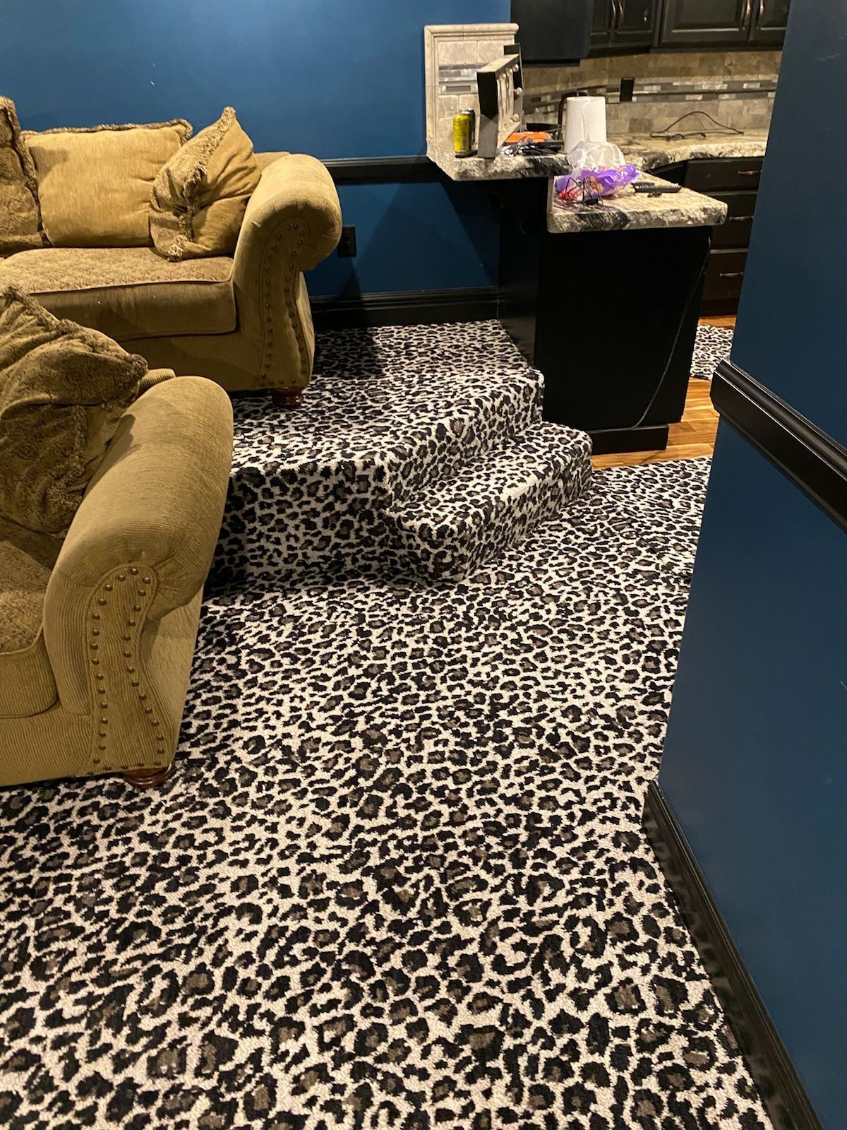 A living room with a leopard print rug on the floor.