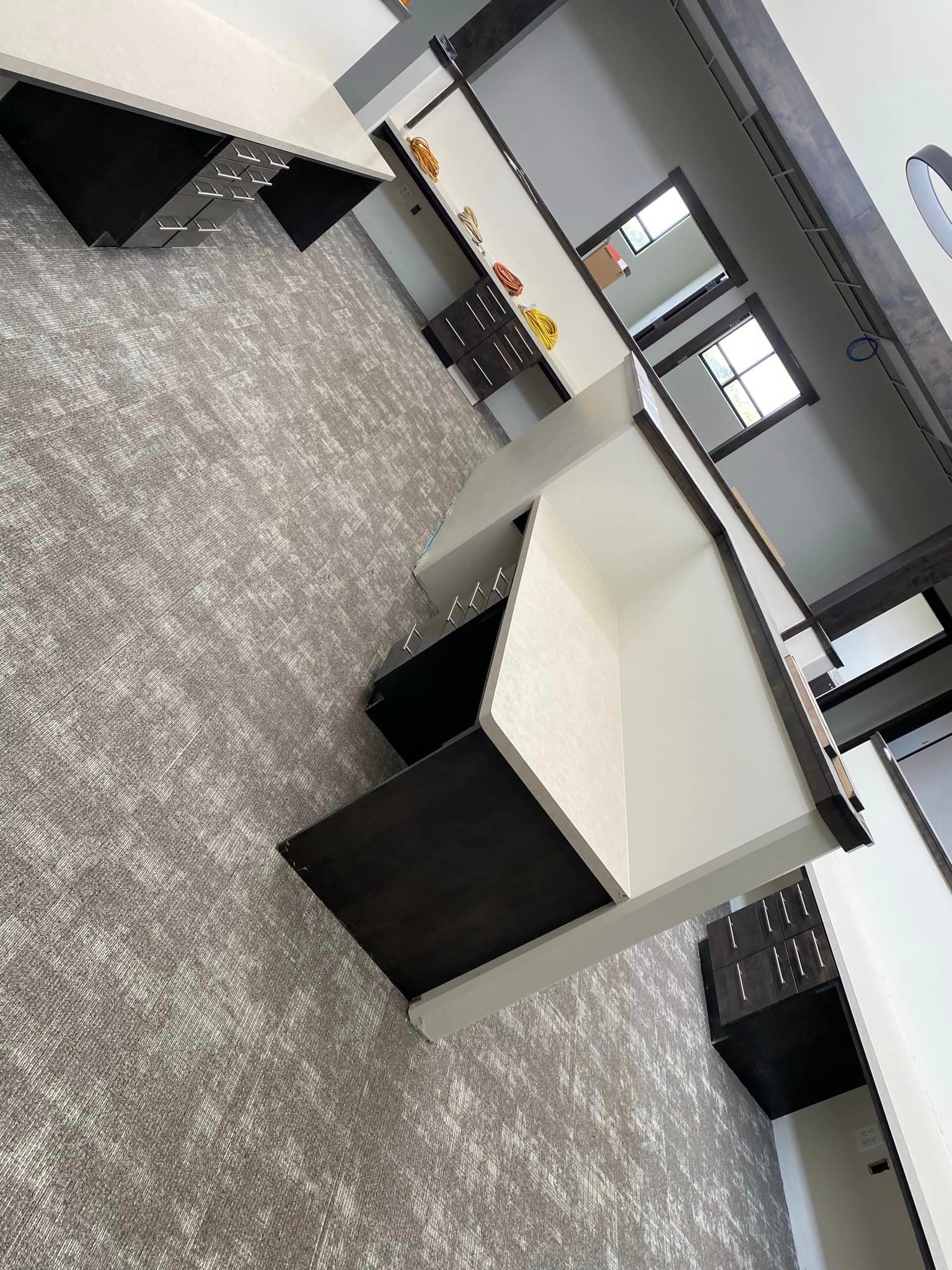 A room with a lot of furniture and a carpeted floor.