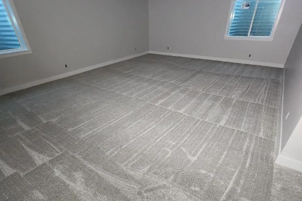 An empty room with a large carpeted floor and two windows