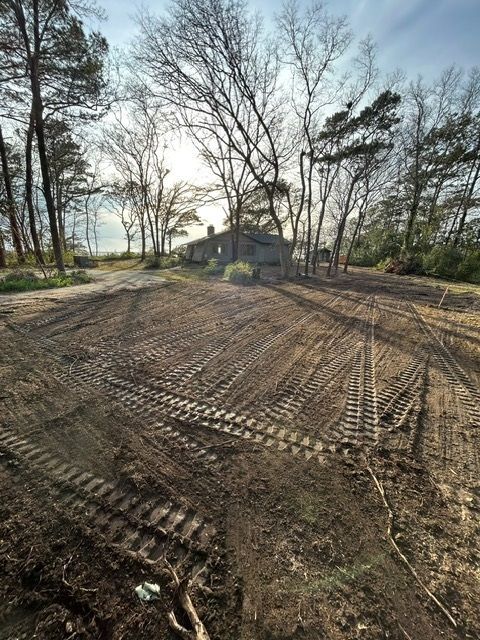 A dirt road with a house in the background and trees in the background.