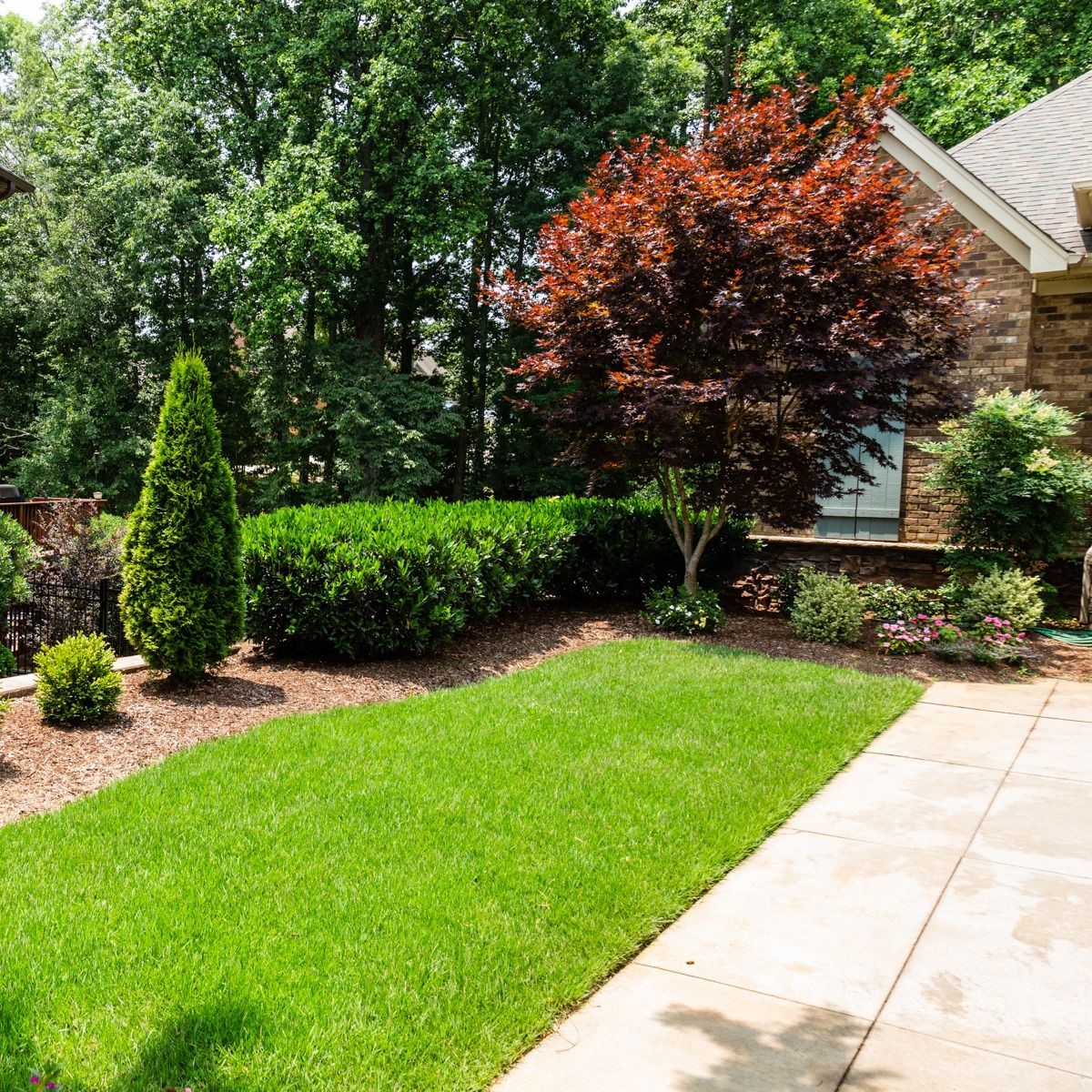 A house with a lush green lawn and trees in front of it.