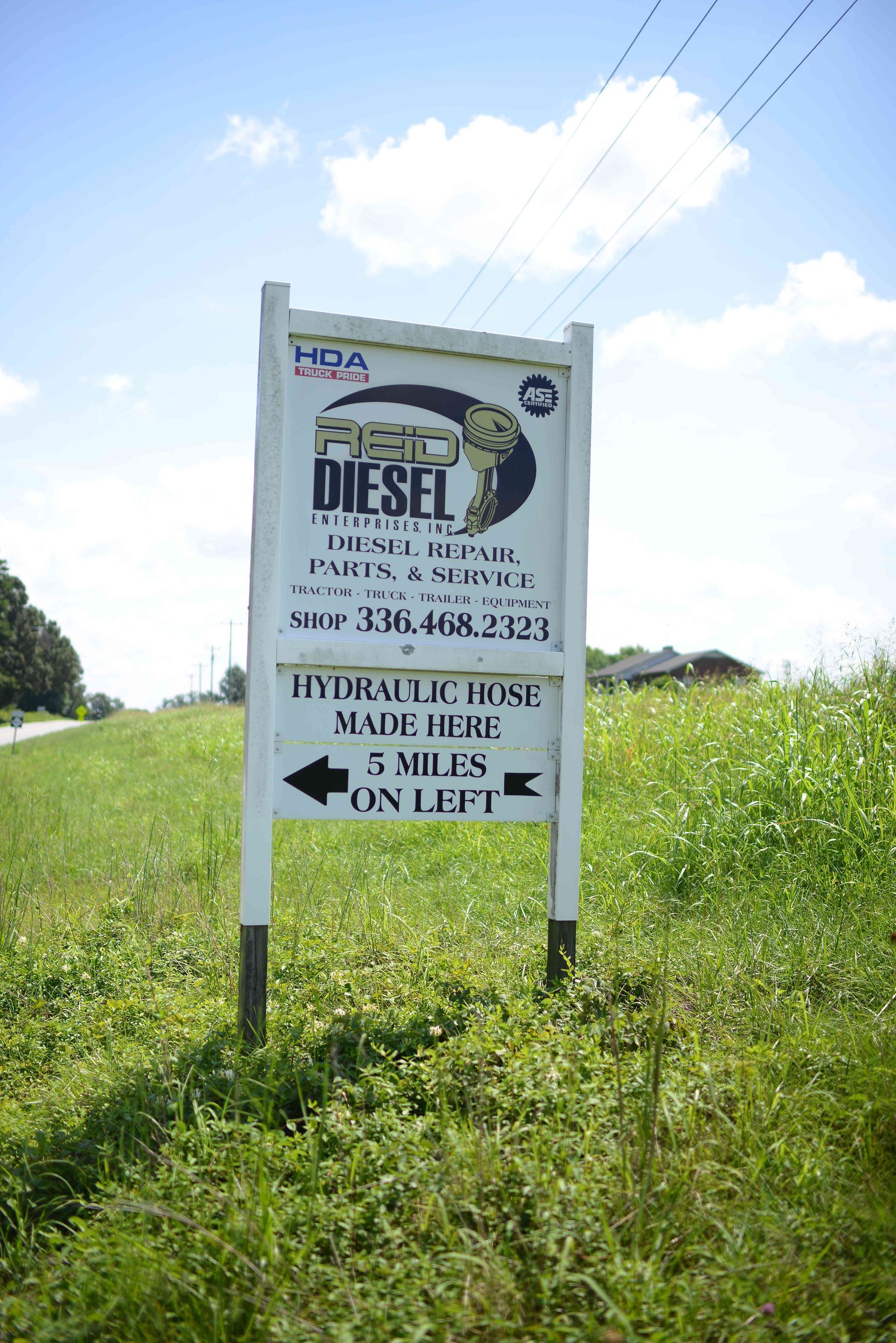 White event sign in tall grass on a sunny roadside, with blue sky and arrows pointing left and right.