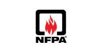 NFPA logo: black square with a red flame inside, and the letters 