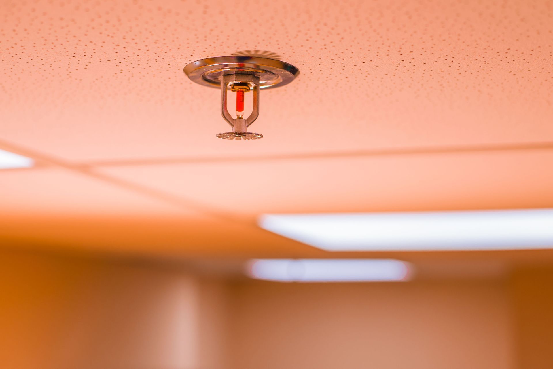 Fire sprinkler head in a ceiling, red bulb visible, orange-toned room.
