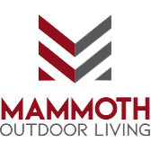 Logo for Mammoth Outdoor Living: stylized "M" with red and gray lines, below the word "MAMMOTH" in red, and "OUTDOOR LIVING" in gray.