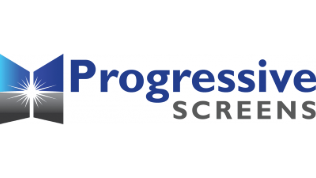 Logo for Progressive Screens, text beside a geometric design in shades of blue and gray.
