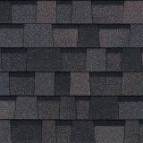 Dark gray asphalt roof shingles.