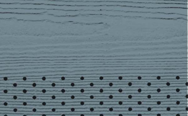Blue-gray siding with horizontal grooves, a section with a pattern of evenly spaced black dots.