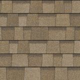 Brown and tan asphalt roof shingles arranged in overlapping rows.