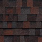 Brown and red asphalt roof shingles.