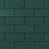 Green asphalt roof shingles in a brick-like pattern.