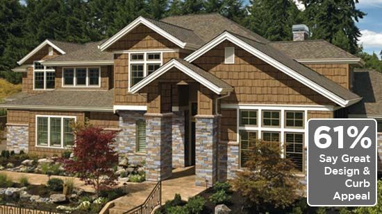 Two-story house with brown siding, stone columns, and landscaping; text states