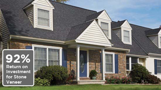 House with a stone veneer, dormers, and blue shutters; text indicates 92% ROI.
