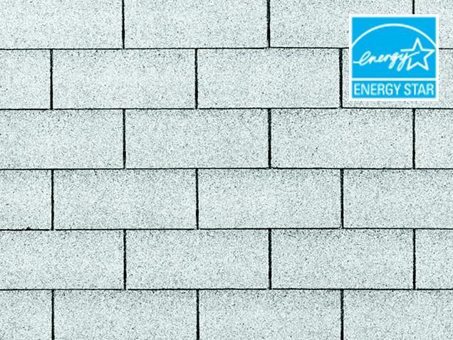 Gray roof shingles with black lines, Energy Star logo.