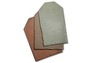 Three colorful slate roof tiles: red, brown, and green, stacked against a white background.