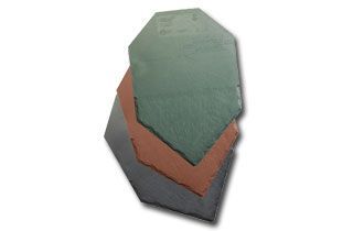 Three overlapping, octagon-shaped, roof tiles; green, orange, and gray colors visible.