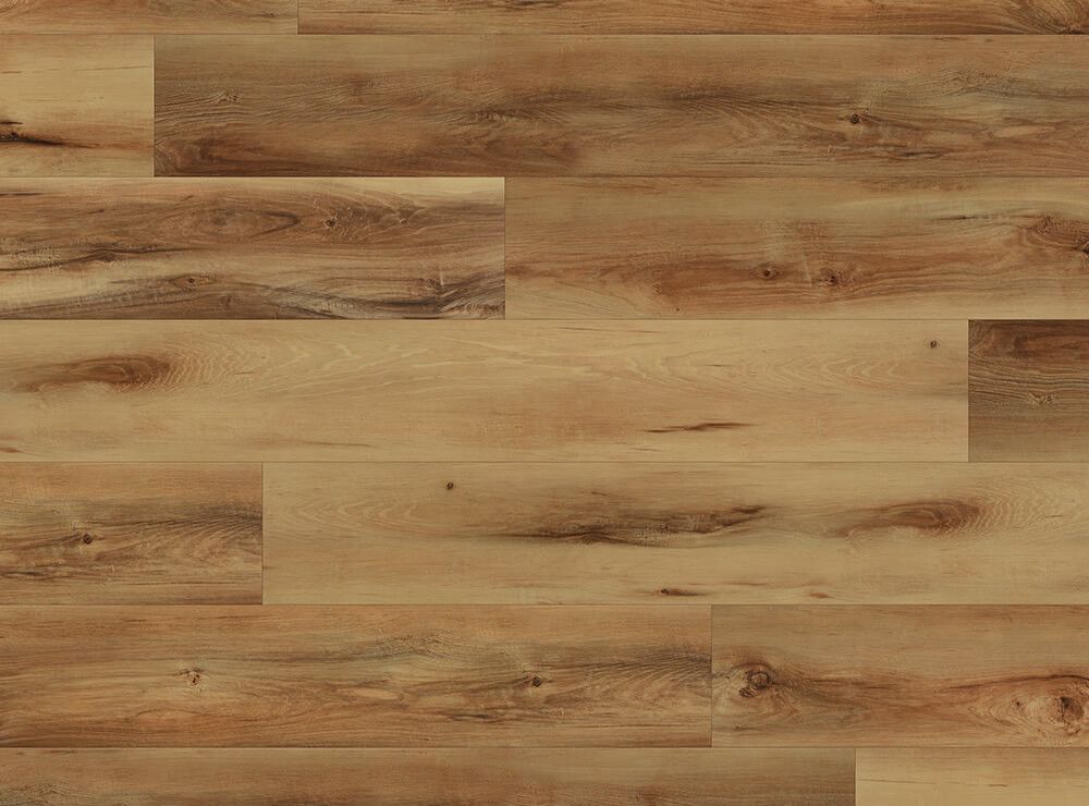 Wood-look flooring in warm brown and tan tones, with varying wood grain details.
