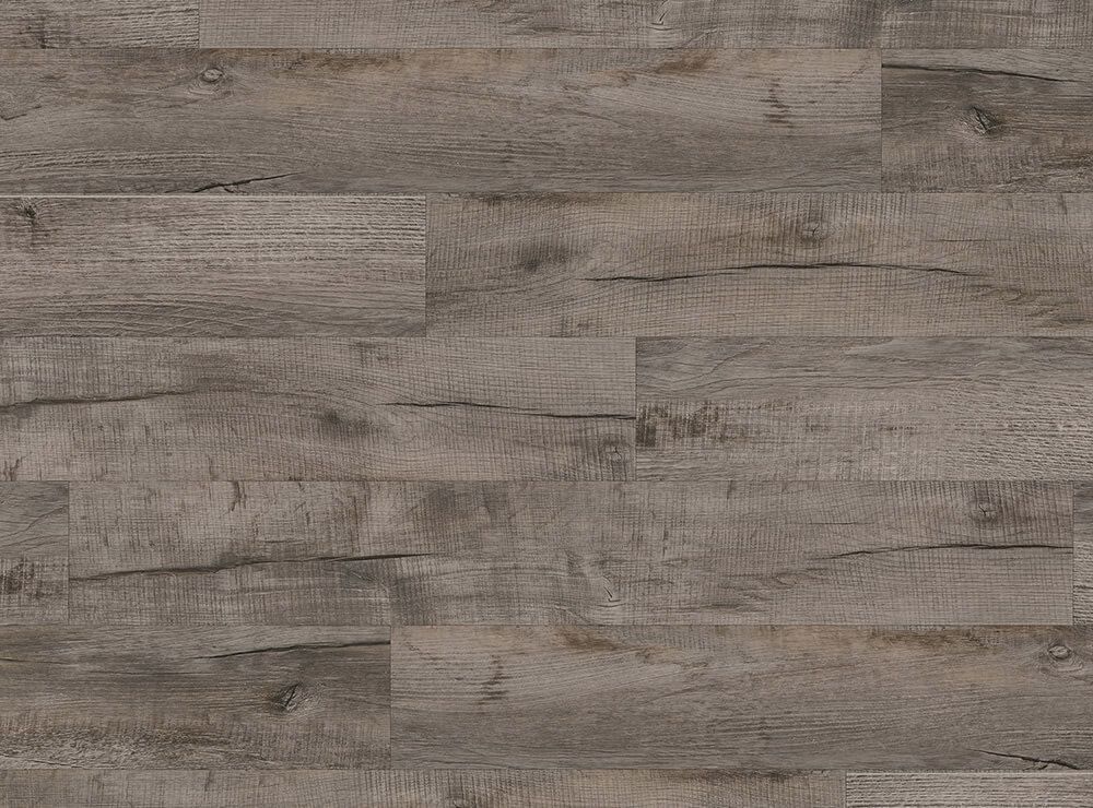 Wood-look flooring with varying shades of brown and gray planks, showcasing grain and texture.