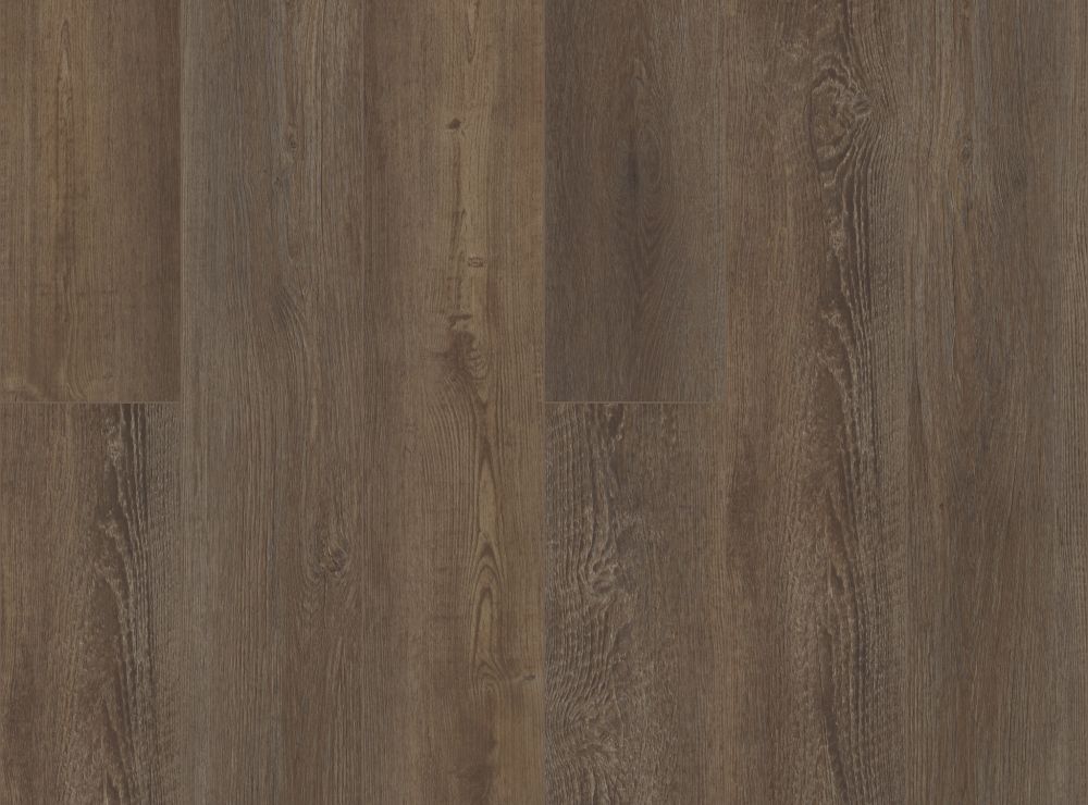 Dark brown wood-look flooring with vertical grain patterns and varying tones.
