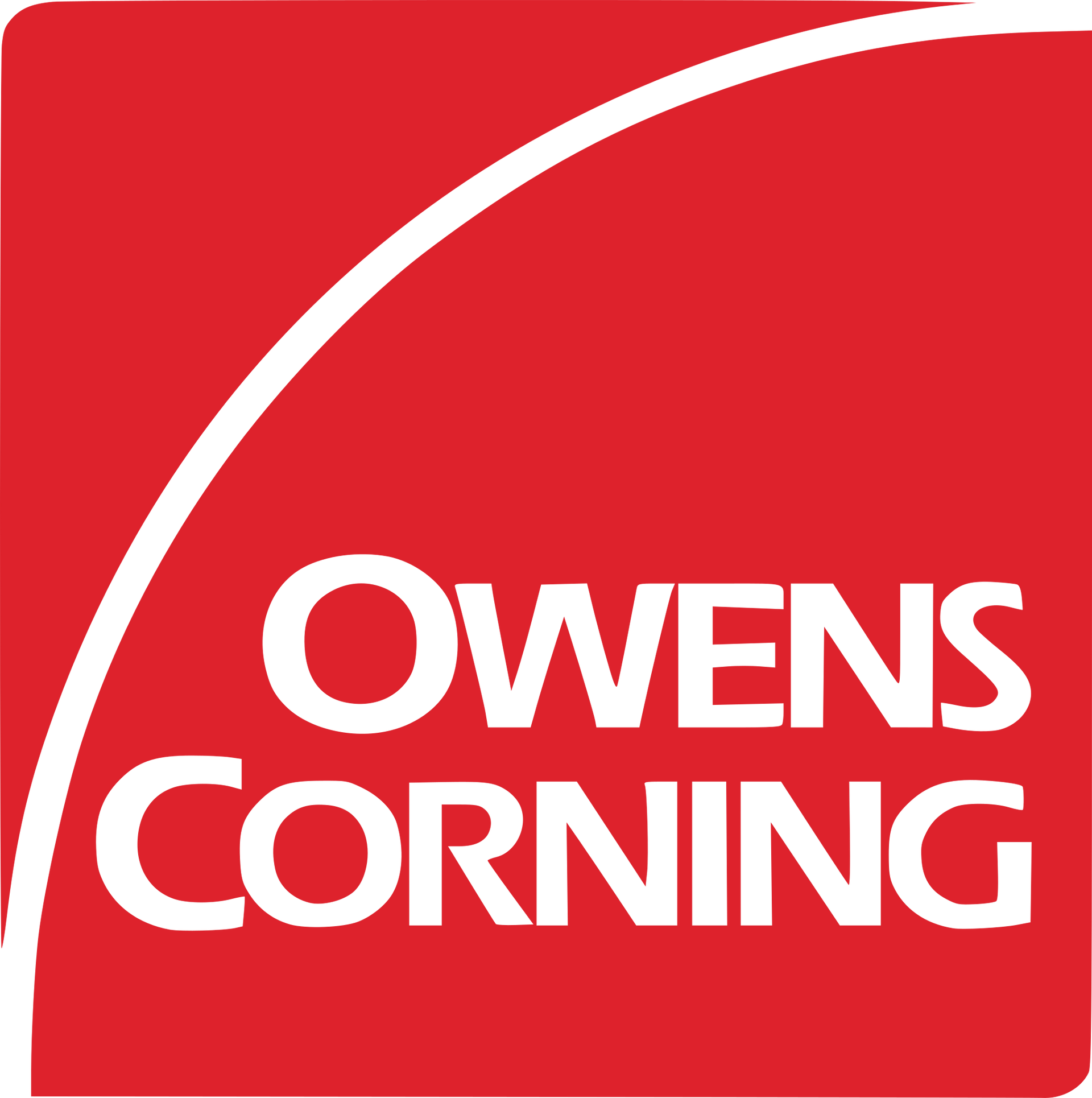 Owens Corning logo on a red square background with a white curved shape. White text: Owens Corning.
