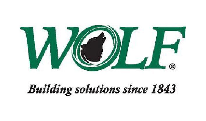 Logo for Wolf, a building solutions company, with a wolf silhouette in green circle,