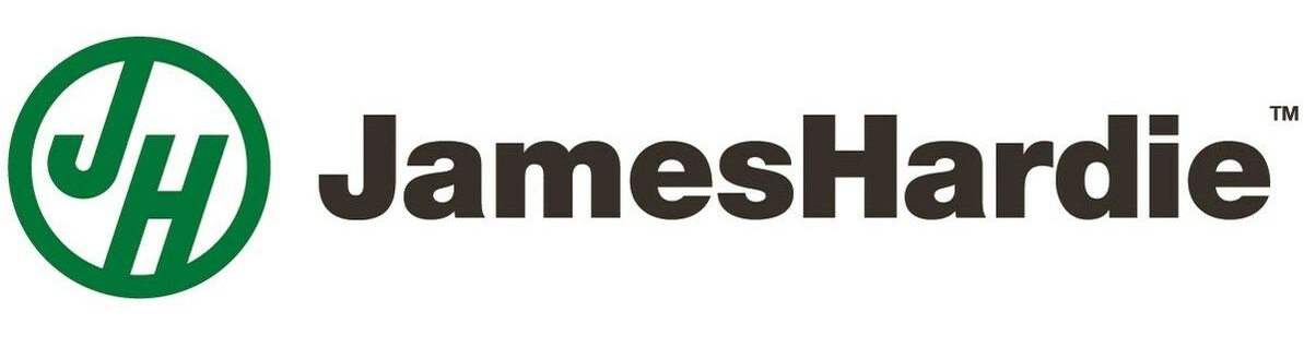 Logo for James Hardie, text beside a green circle with