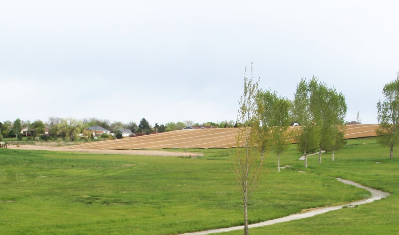 Green field with trees and a winding path, under an overcast sky. Houses in the distance.