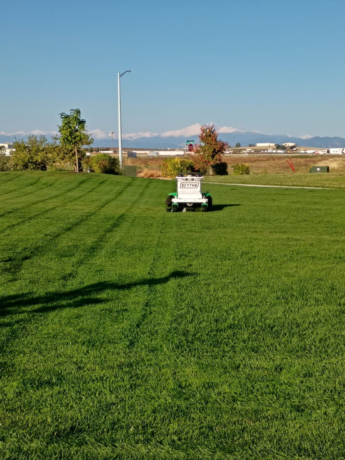 A small white robot moves across a green grassy field under a sunny blue sky with mountains in the background.