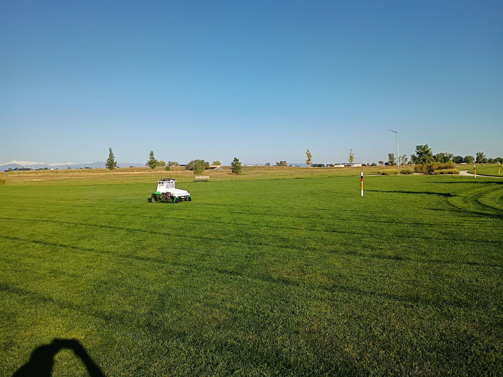 A white robotic lawnmower cuts green grass on a sunny day, with a blue sky in the background.
