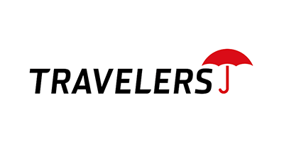 Travelers logo in black with a red umbrella over the final letter