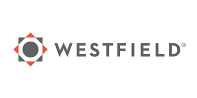 Westfield logo with gray text and a gray circle inside a black and orange geometric mark