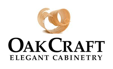 A logo for oak craft elegant cabinetry with a picture of wood shavings