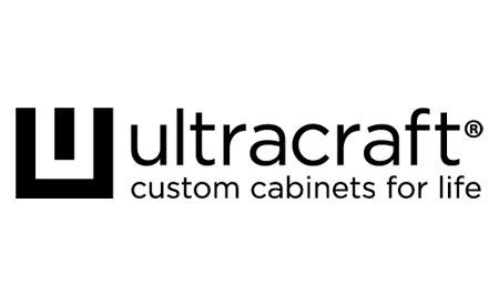 The logo for ultracraft custom cabinets for life is black and white.