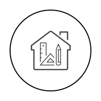 A line-art icon of a house containing a ruler, a triangle square, and a pencil, inside a circle.