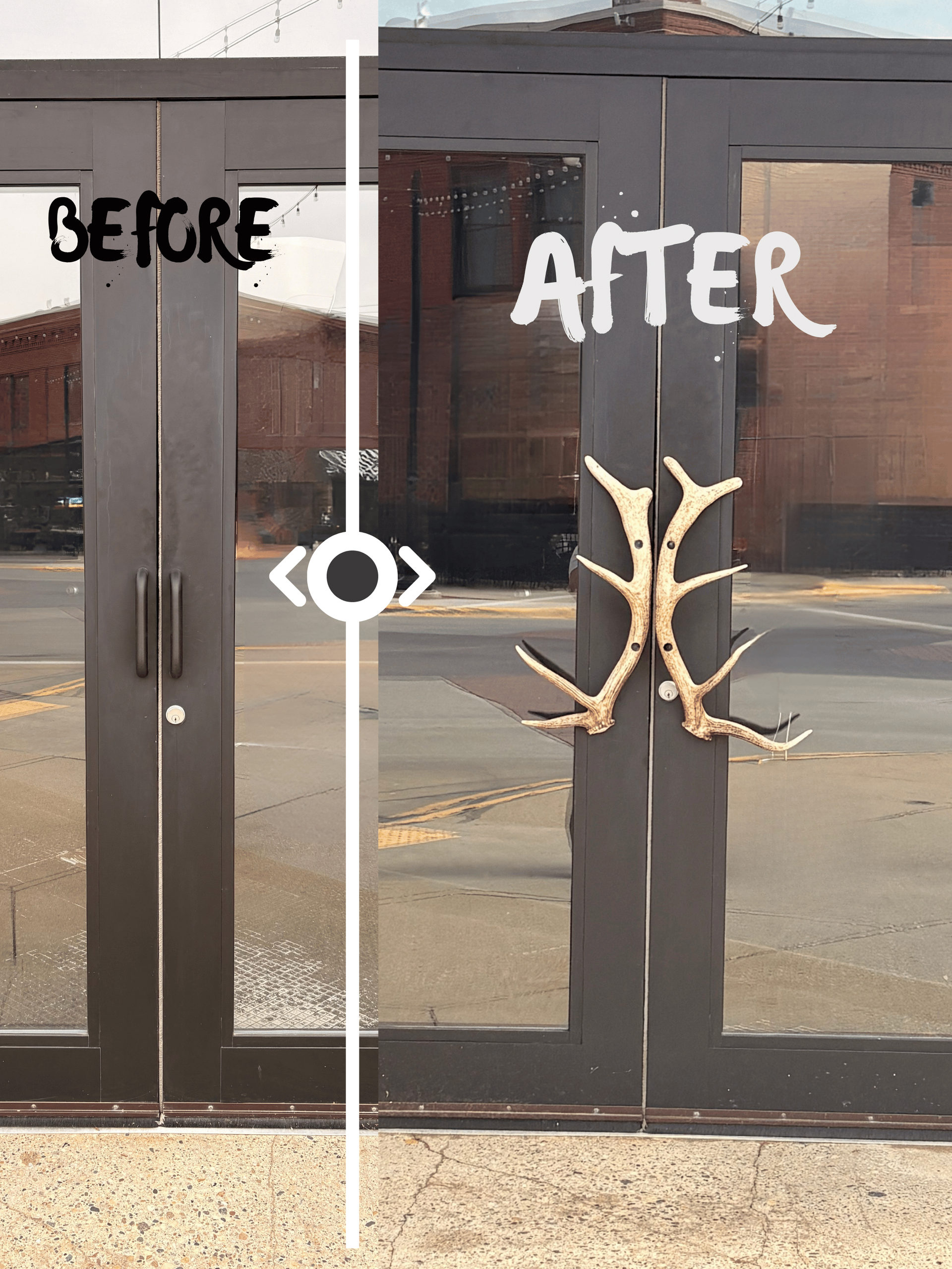 Before-and-after view of double glass doors, showing a damaged right door replaced with a gold tree decal.