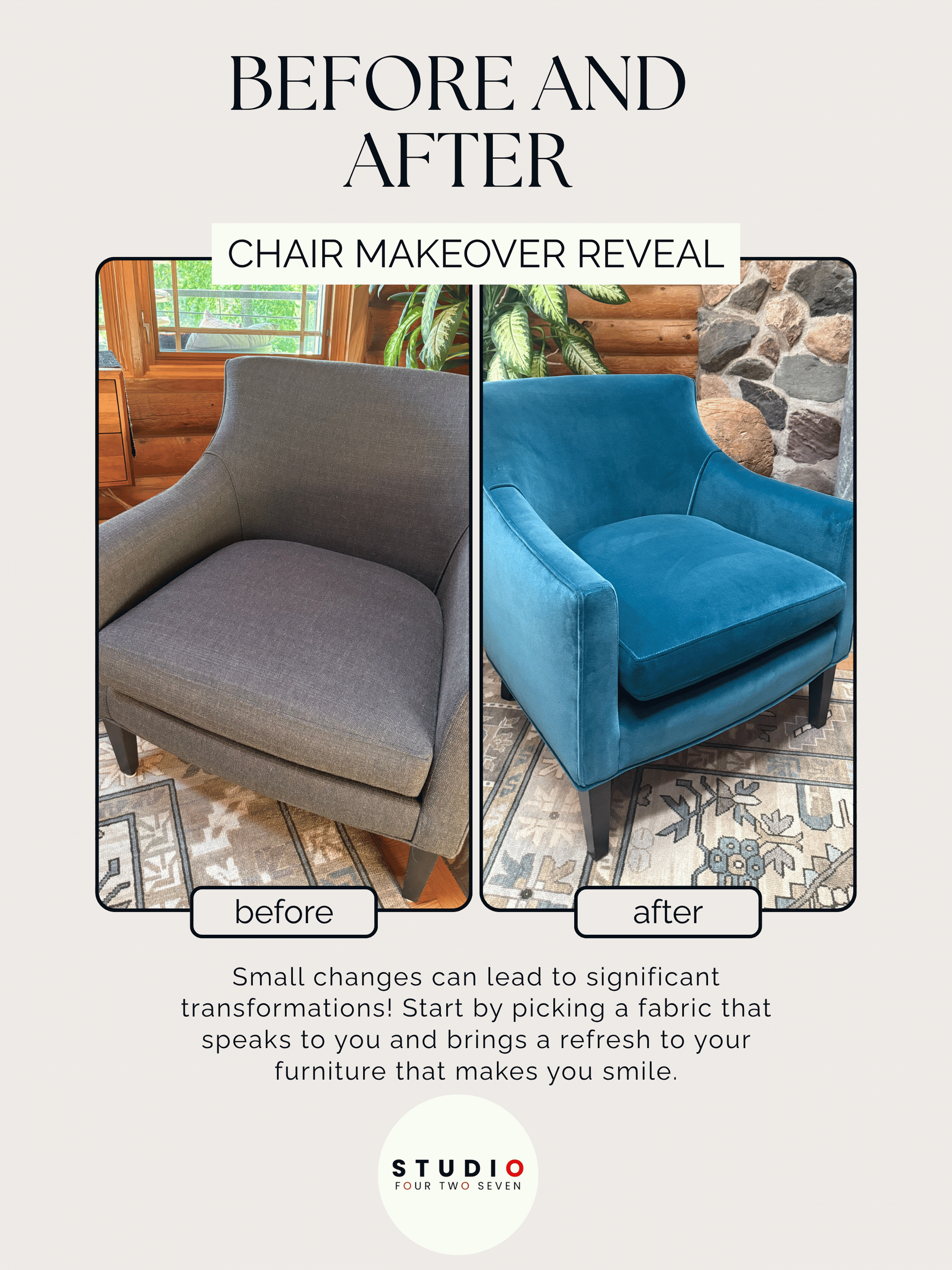 Before-and-after of a gray chair upholstery change to bright blue on a stone patio