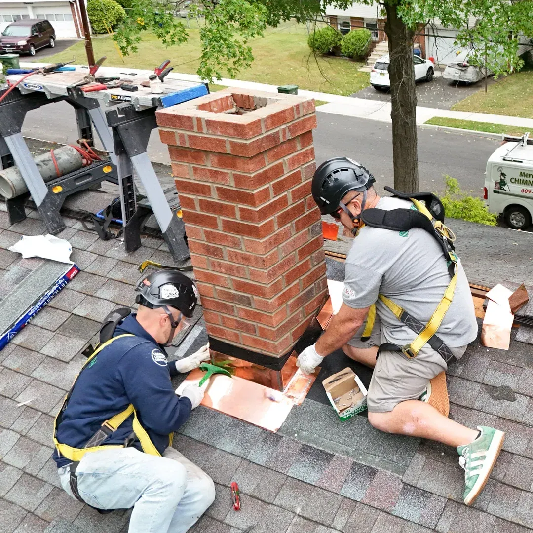 Two roofers seal around a brick chimney on a shingled roof.
