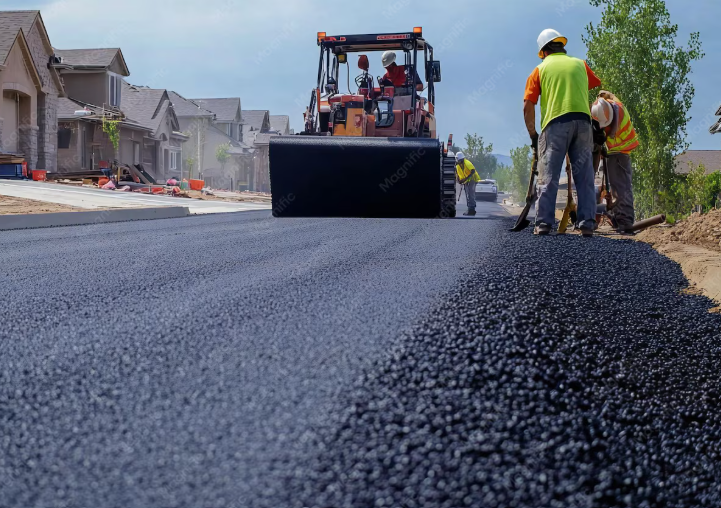 Road paving crew laying fresh asphalt on a suburban street with a paving machine and workers.