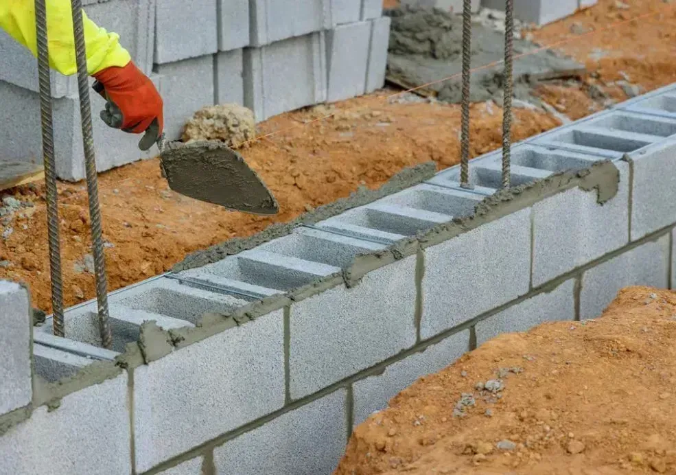 Worker laying concrete blocks for a wall during construction, with mortar and steel rebar visible.